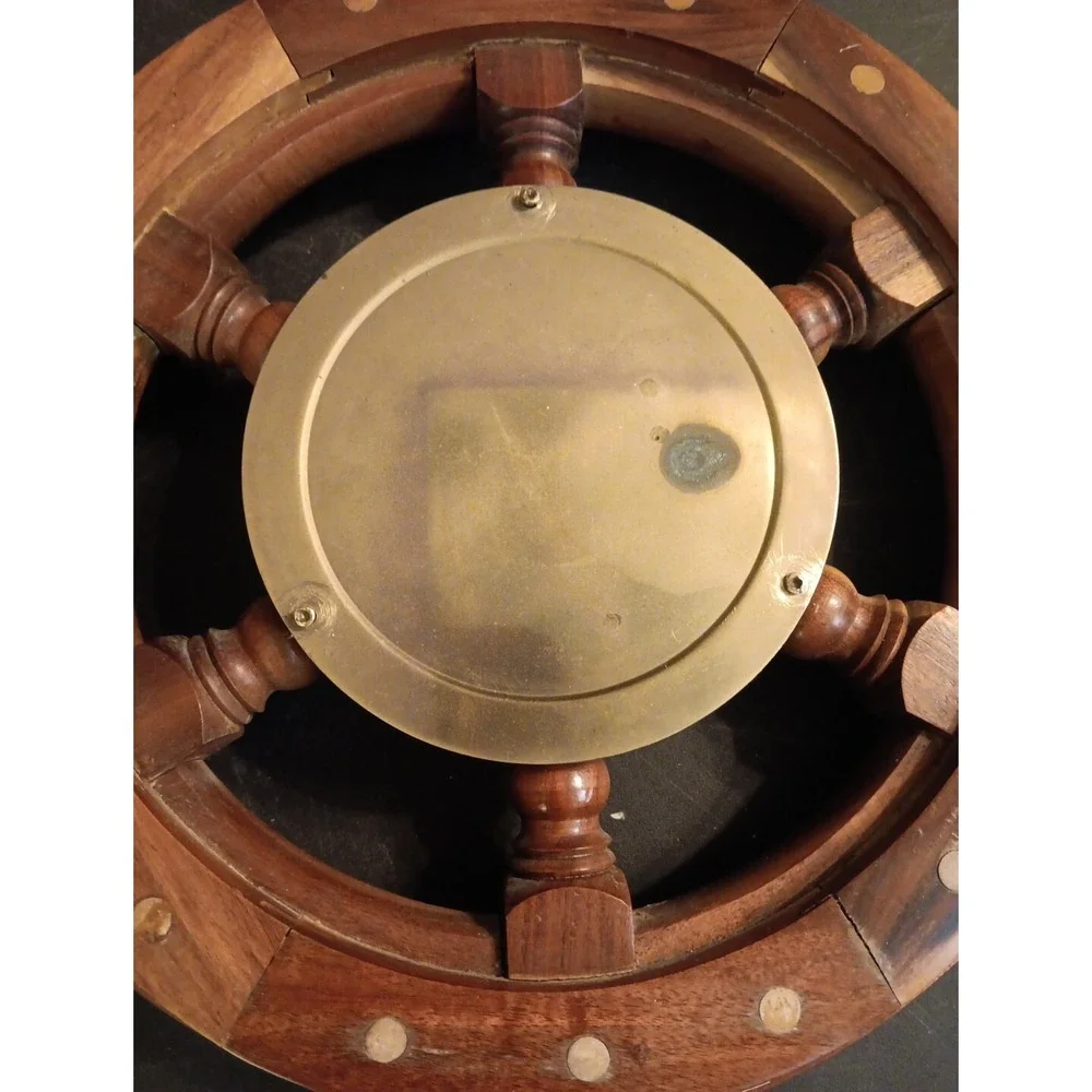 Vintage Nautical Wooden Ships Wheel Wall Clock Brass Quartz Maritime Decor